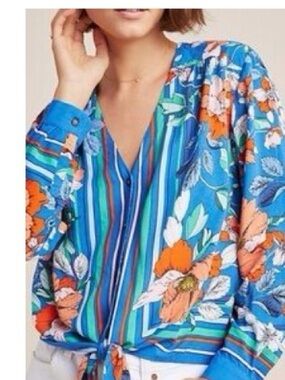 Anthropologie Maeve Royal Blue Floral Tie-Hem Button Blouse